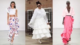 How to wear a ruffle skirt, three women wearing a ruffle skirt street style and on the runway