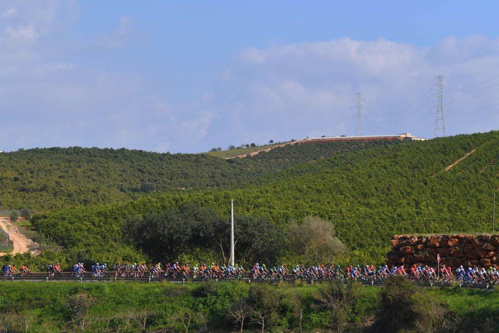 LAGOS PORTUGAL FEBRUARY 19 Peloton Landscape Mountains during the 46th Volta ao Algarve 2020 Stage 1 a 1956km stage from Portimo to Lagos VAlgarve2020 on February 19 2020 in Lagos Portugal Photo by Tim de WaeleGetty Images
