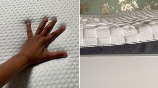 A hand touching the surface of the Emma Original mattress (left), and a closeup of the Levitex mattress (right)