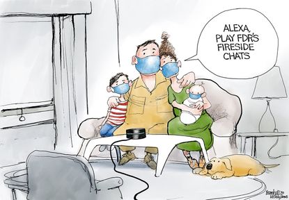 Editorial Cartoon U.S. Coronavirus FDR Alexa quarantine news face masks modern communication