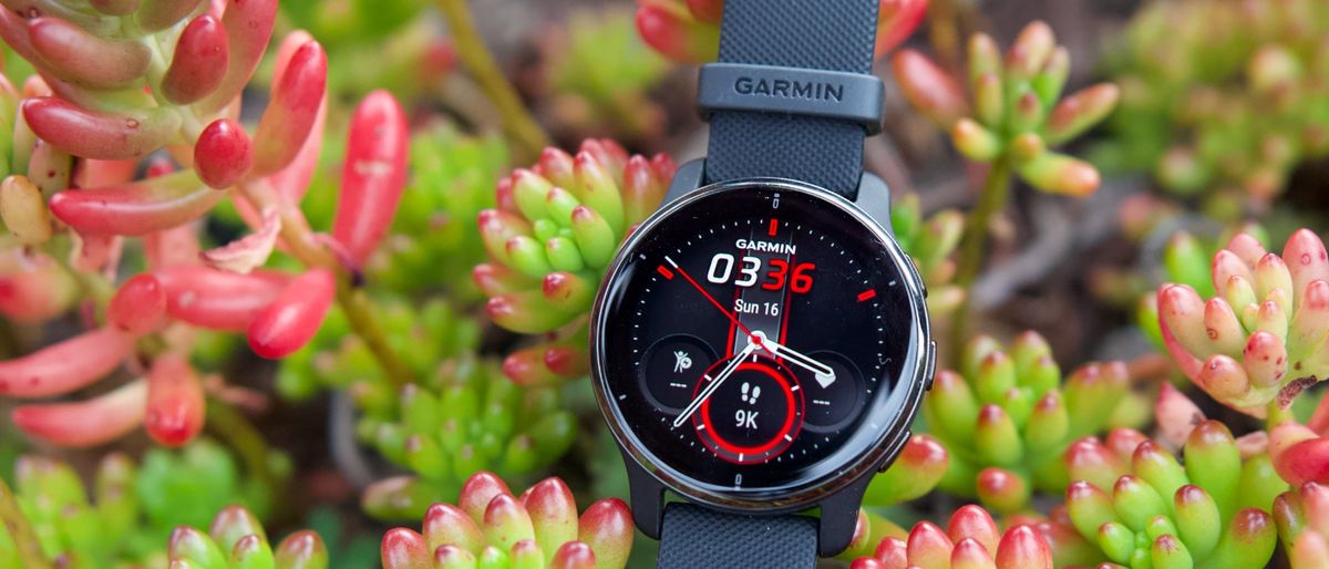 Garmin Venu 2 Plus sitting on plants