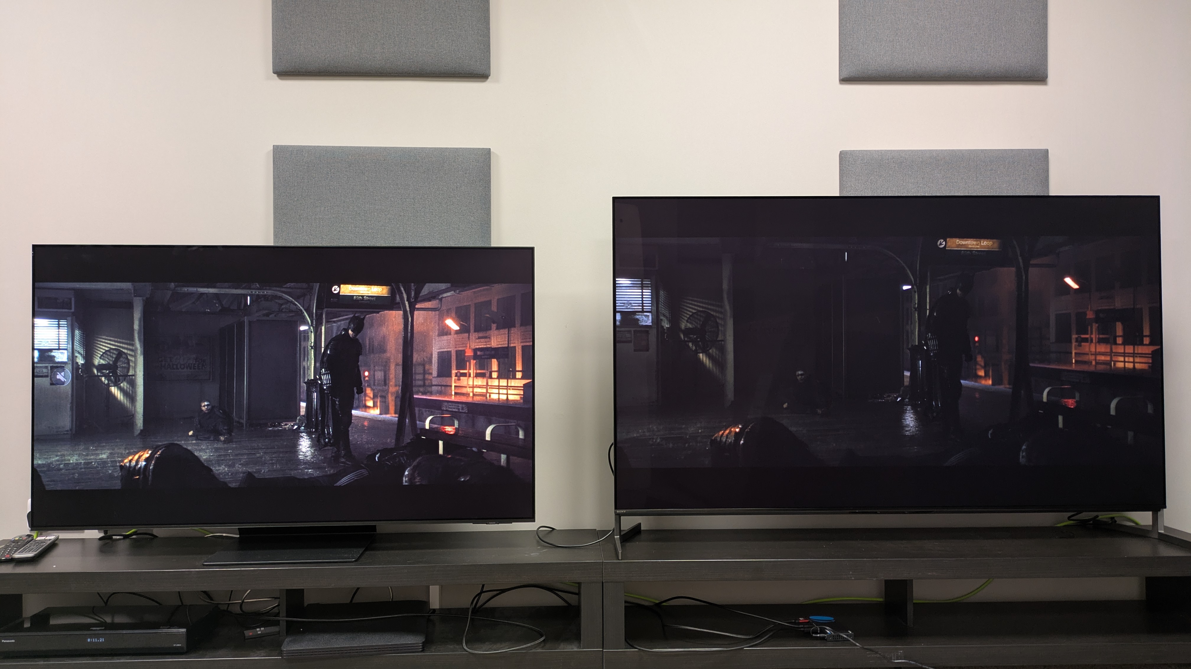 Samsung S95F (left) and Sony Bravia 8 II (right) with The Batman on screen