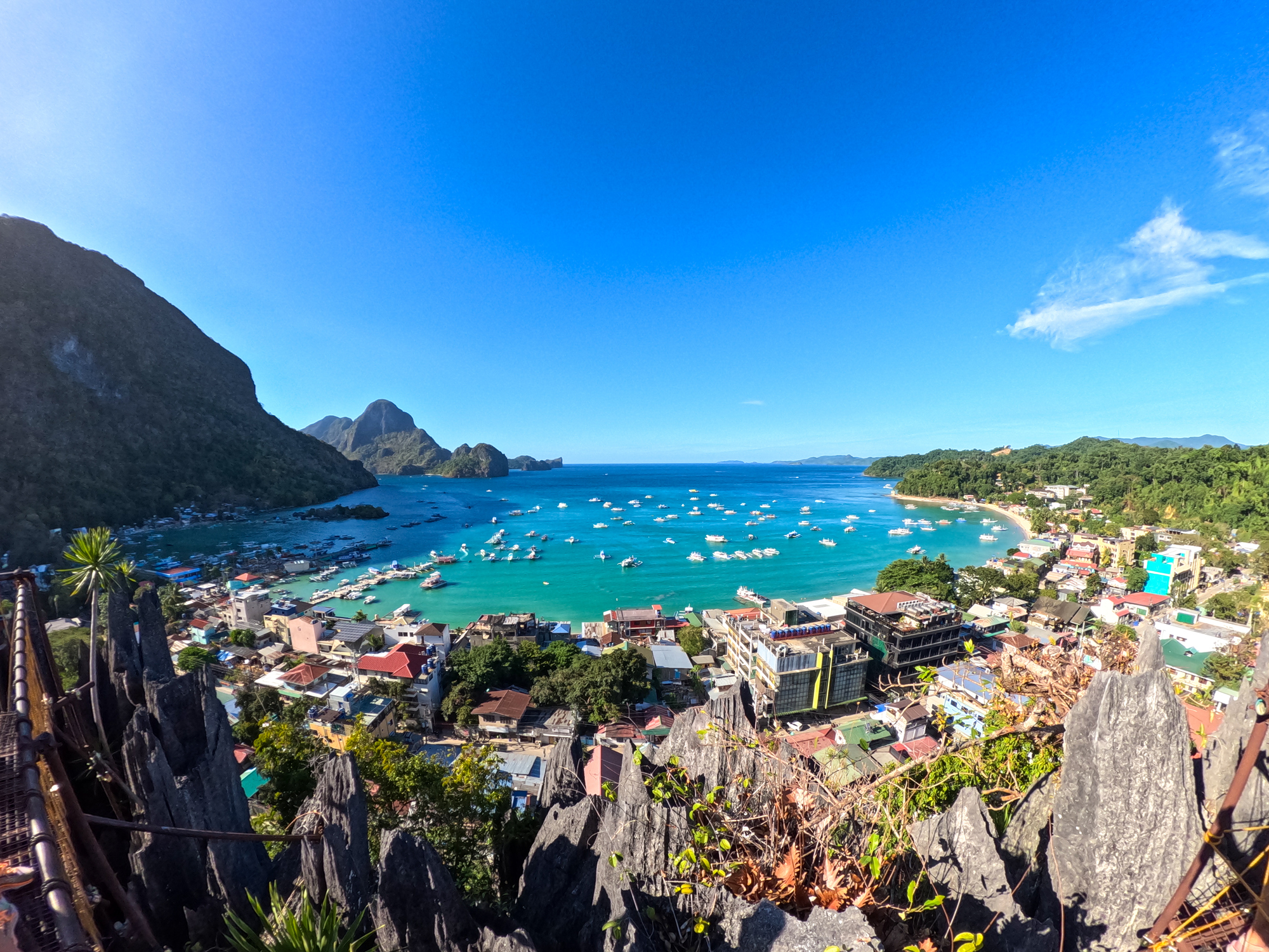 An aerial view of a port city and bay in the Philippines.