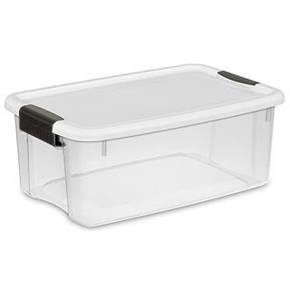 A clear plastic rectangular storage bag with black slip handles and a lid