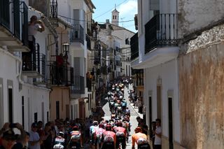 ARCHIDONA SPAIN AUGUST 23 A general view of the peloton prior to the La Vuelta 79th Tour of Spain 2024 Stage 7 a 1805km stage from Archidona to Cordoba UCIWT on August 23 2024 in Archidona Spain Photo by Dario BelingheriGetty Images