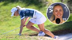 Main image of Charley Hull climbing out of a bunker at the Evian Championship with inset photo of Hull speaking before the ISPS HANDA Women's Scottish Open