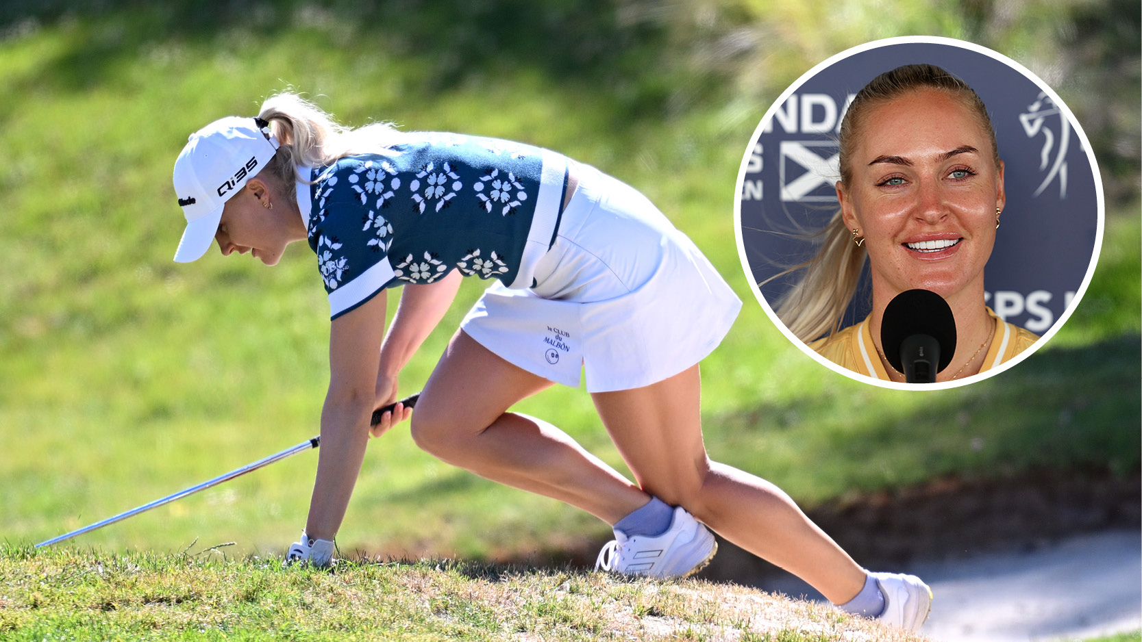 Main image of Charley Hull climbing out of a bunker at the Evian Championship with inset photo of Hull speaking before the ISPS HANDA Women&#039;s Scottish Open