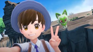 A trainer poses for a selfie with a grass type starter