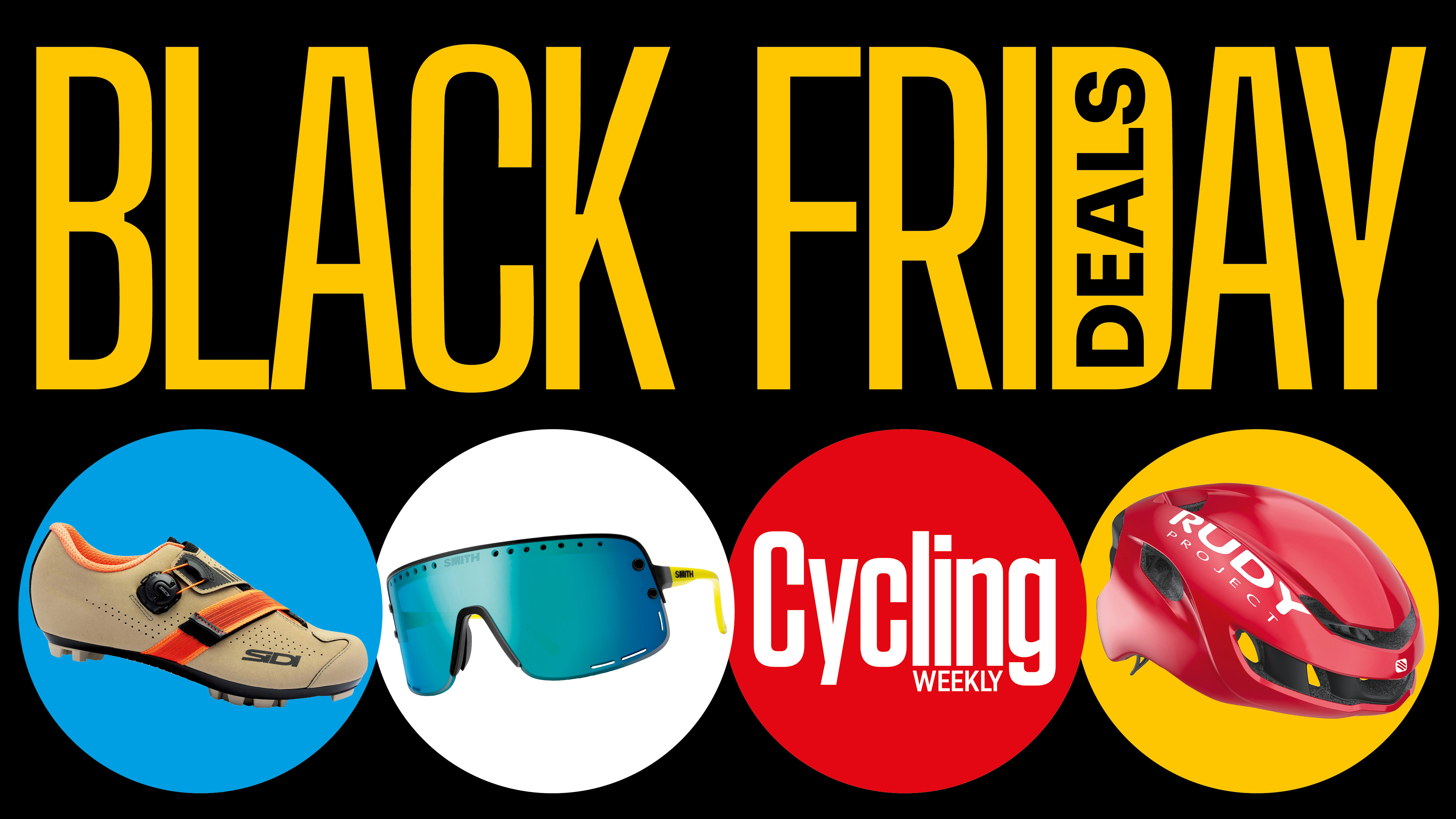 A collage of cycling kit along with our cycling weekly black friday bike deals coverage branding and logo