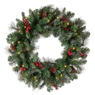 National Tree Company Pre-Lit Artificial Christmas Wreath, Green, Crestwood Spruce, White Lights, Decorated With Pine Cones, Berry Clusters, Frosted Branches, Christmas Collection, 24 Inches