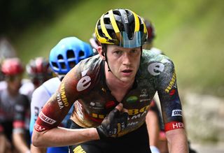 JumboVisma teams Belgian rider Nathan Van Hooydonck cycles during the 8th stage of the 109th edition of the of the Tour de France cycling race 1863 km between Dole in eastern France and Lausanne in Switzerland on July 9 2022 Photo by AnneChristine POUJOULAT AFP Photo by ANNECHRISTINE POUJOULATAFP via Getty Images