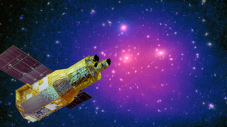 An illustration of XRISM studying dark matter around a galaxy cluster