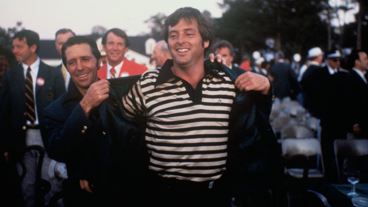 Fuzzy Zoeller is given the Green Jacket by Gary Player after winning the 1979 Masters