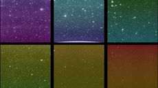 SPHEREx's complete field of view spans the top three images, the same region of sky is captured in different wavelengths in the bottom three.