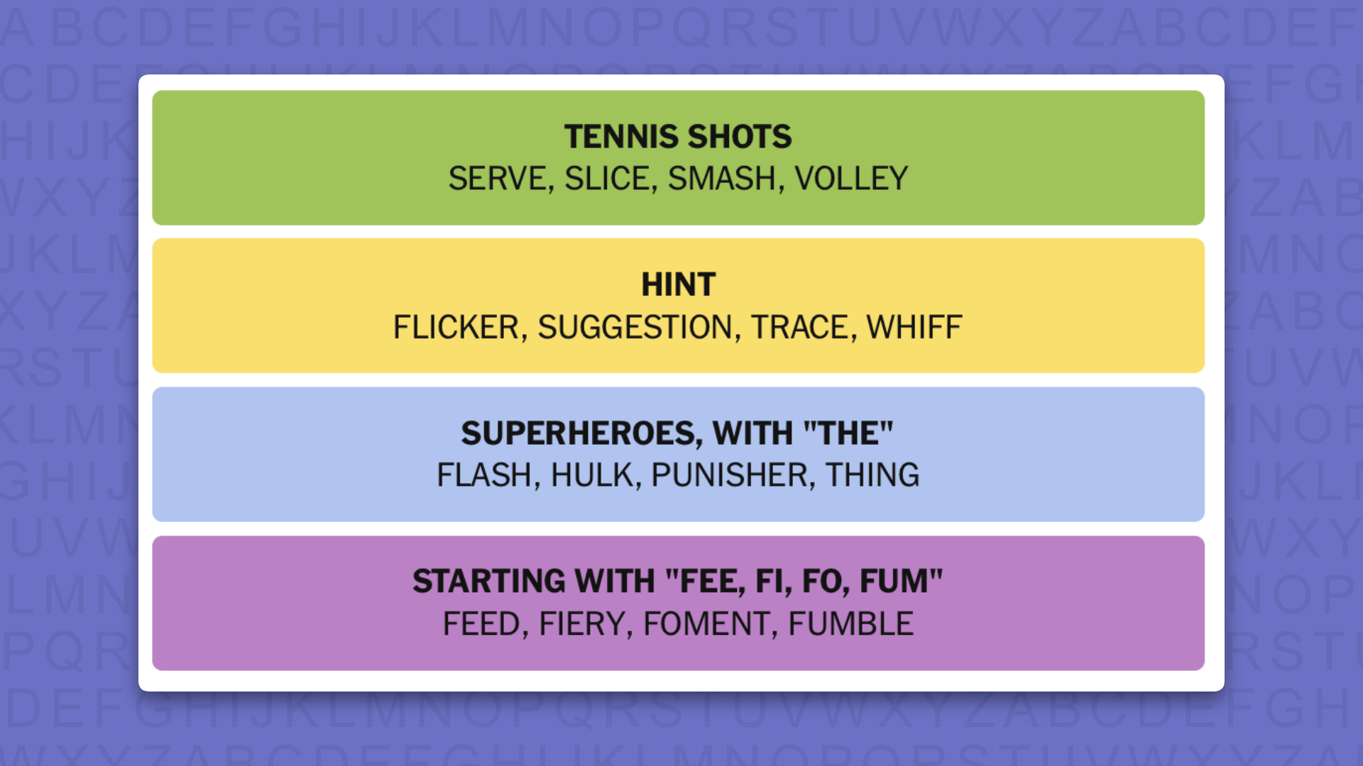 NYT Connections answers for game 1221 on a purple background