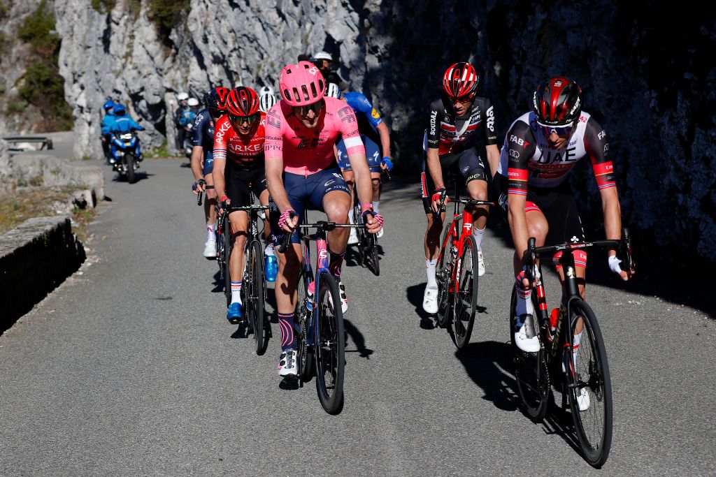 LEVENS FRANCE MARCH 14 Warren Barguil of France and Team Arkea Samsic Neilson Powless of United States and Team EF Education Nippo Stefano Oldani of Italy and Team Lotto Soudal Sven Erik Bystrom of Norway and UAE Team Emirates during the 79th Paris Nice 2021 Stage 8 a 927km stage from Le PlanduVar to Levens 518m Breakaway Stage itinerary redesigned due to COVID19 lockdown imposed in the city of Nice ParisNice on March 14 2021 in Levens France Photo by Bas CzerwinskiGetty Images