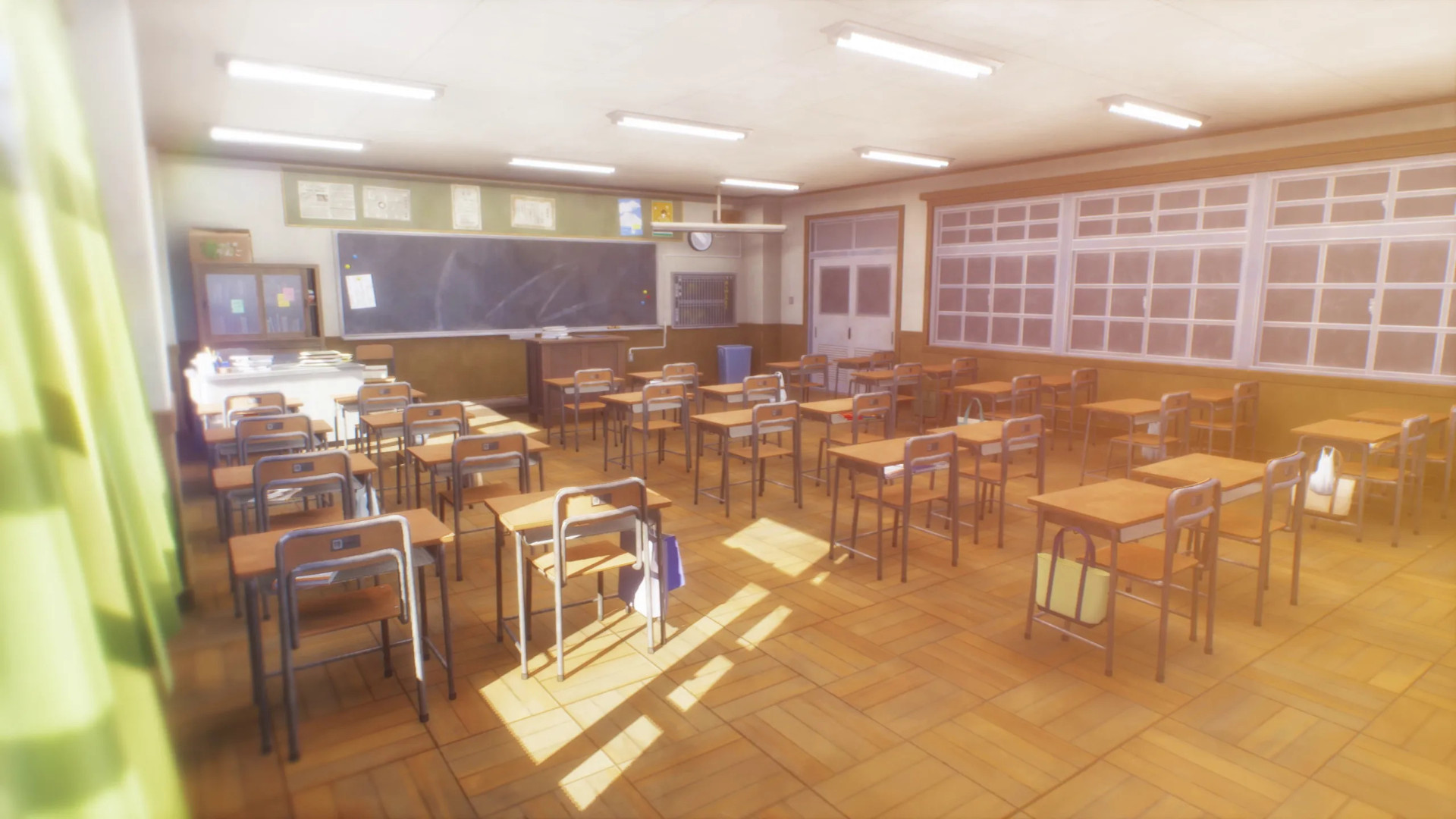 A screenshot of an empty classroom during the trailer for the Persona 4 remake, Persona 4 Revival.
