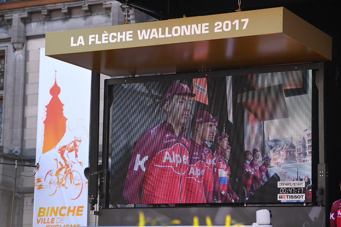 Katusha-Alpecin on stage at the Fl&egrave;che Wallonne teams presentation