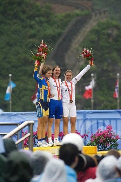 Women's road race medal winners Emma Johansson (Sweden), Nicole Cooke (Great Britain), and Tatiana Guderzo (Italy)