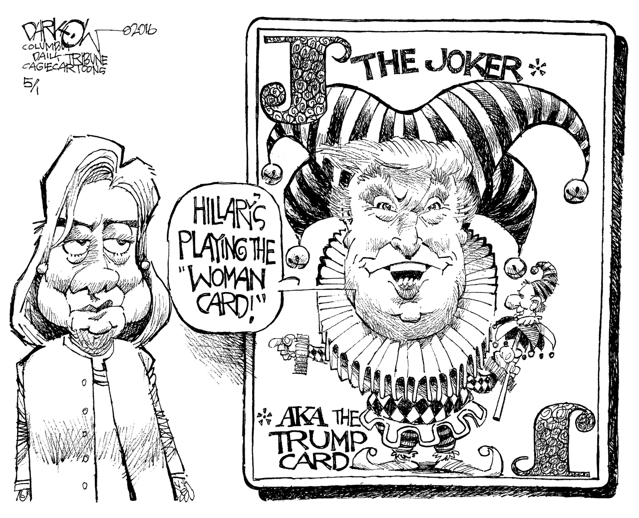 Political Cartoon U.S. Trump Hillary Woman Card 2016