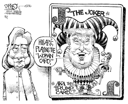 Political Cartoon U.S. Trump Hillary Woman Card 2016