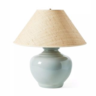 blue ceramic glazed table light with textured linen shade