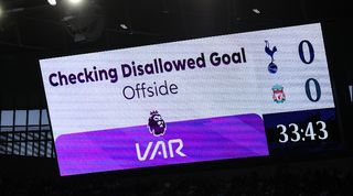 The VAR screen checking a possible offside for a Luis Diaz goal between Liverpool and Tottenham in September 2023, which was wrongly disallowed following a VAR mix-up.