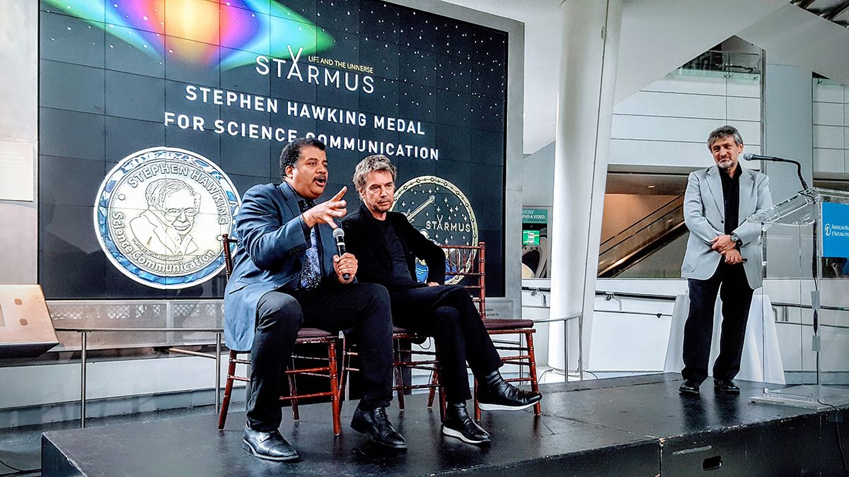 Neil deGrasse Tyson (left) and Jean-Michel Jarre (center) will receive the Stephen Hawking Medal for Science Communication this year. Garik Israeliank, astrophysicist and creator of Starmus, made the big announcement on June 6 at the Rose Center for Earth