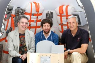 Veteran NASA astronaut Mike Massimino (right) poses for a photo with Big Bang Theory star Simon Helberg (center) and Executive Producer Bill Prady at the Paley Center in Los Angeles, Calif.