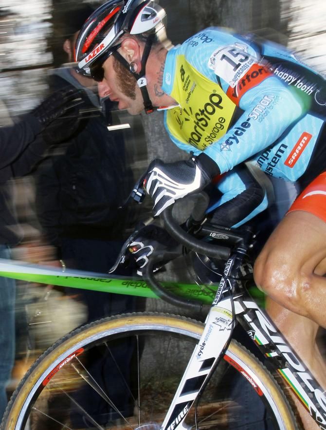 Adam Myerson (Team SmartStop-Mountain Khakis) rides up the technical run-up.
