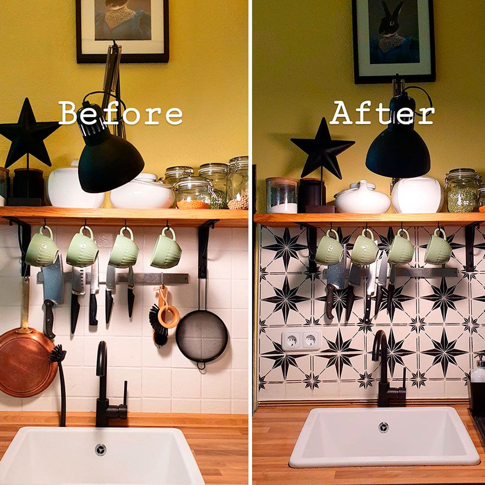 Before and after: Homeowner inspires with her stencil painted kitchen tiles | Ideal Home