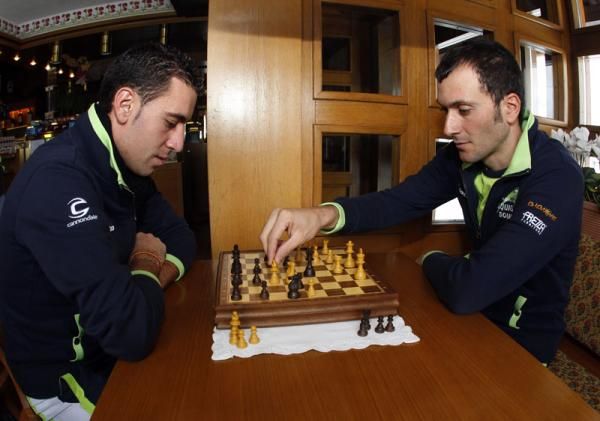 Check-mate: Basso and Nibali relax with a game of chess.