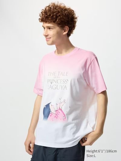 Tale of The Princess Kaguya t-shirt with print on the front with a pink to white gradient from top to bottom