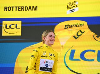 Demi Vollering wearing the yellow jersey after winning stage three of the Tour de France Femmes 2024