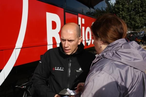RadioShack team manager Jos&eacute; Azevedo talks to the press.