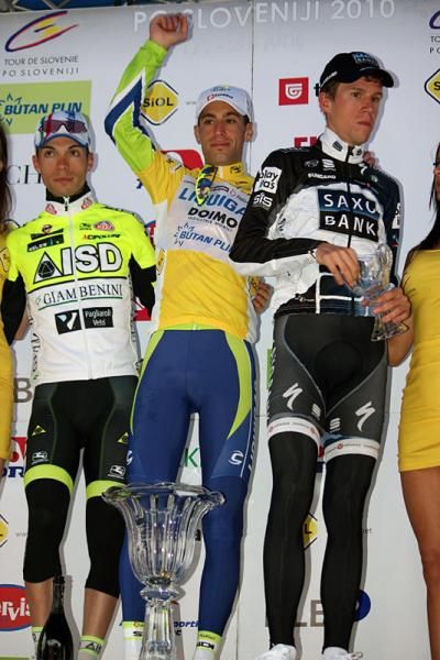 The final GC podium (l-r): Giovanni Visconti, Vincenzo Nibali and Chris Anker S&ouml;rensen.