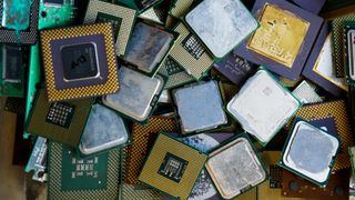 A pile of discarded processors sorted on a bin in a recycling and recovery compound