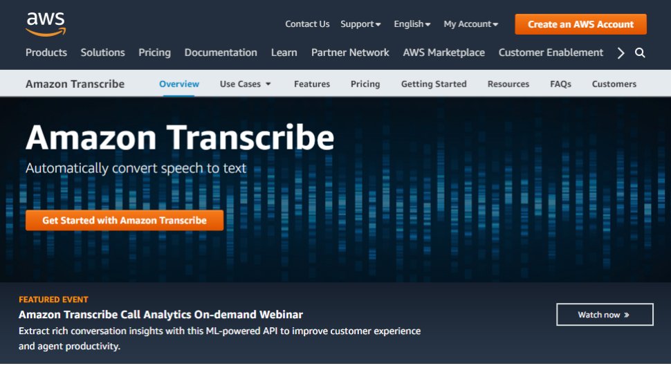 Website screenshot for Amazon Transcribe
