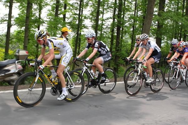 Adrie Visser (HTC - Columbia Women) in action as the bunch nears the second sprint of the day