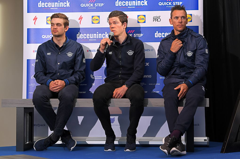 Kasper Asgreen, Bob Jungels and Philippe Gilbert at the Deceuninck-QuickStep press conference ahead of Tour of Flanders