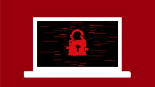 Ransomware concept image showing digitized padlock pictured on a laptop screen on red background