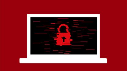 Ransomware concept image showing digitized padlock pictured on a laptop screen on red background