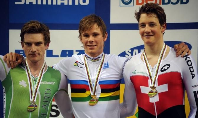 4000m individual pursuit podium (L-R): Martyn Irvine (Ireland), Michael Hepburn (Australia) and Stefan Kueng (Switzerland)