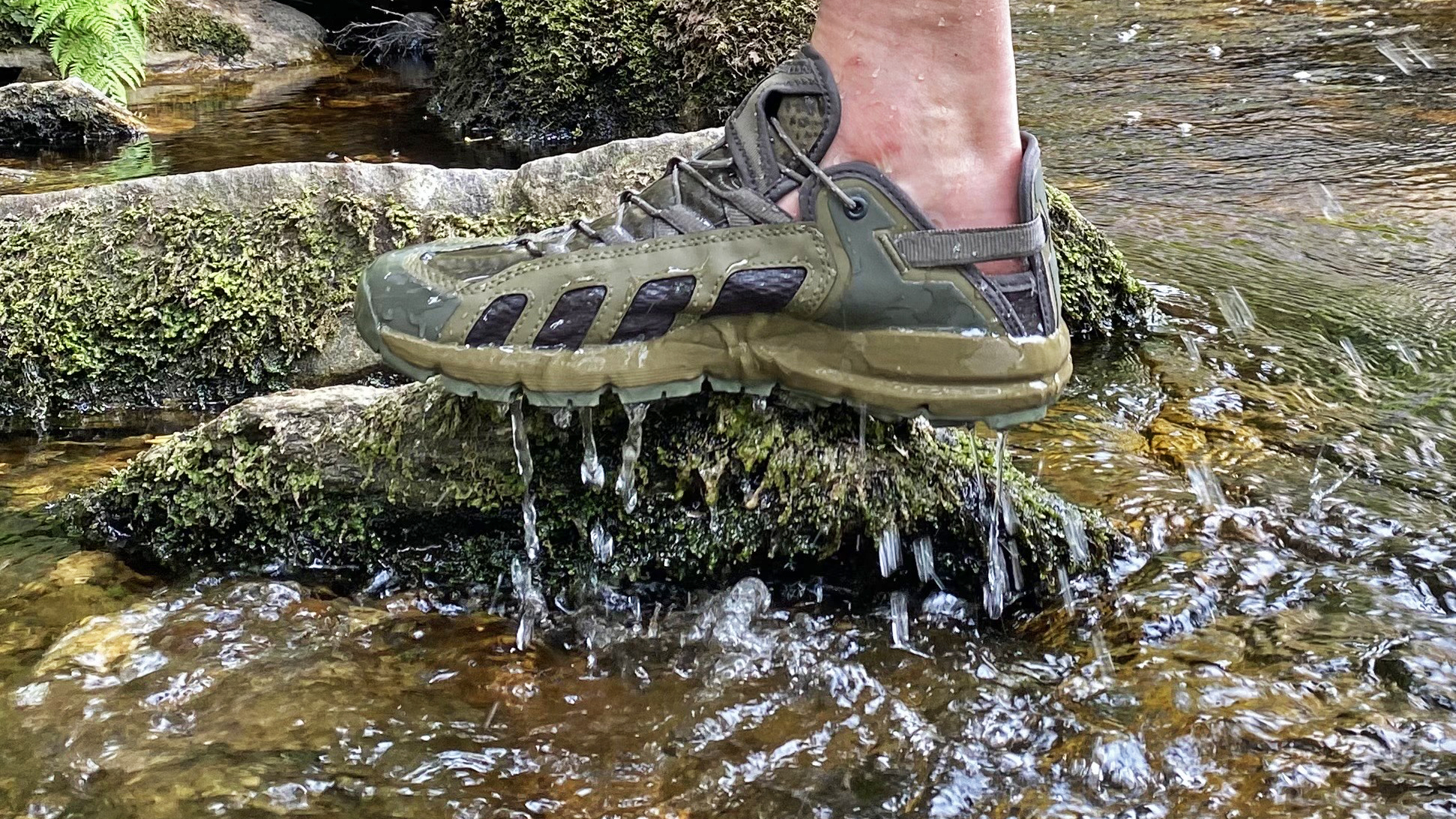 The Danner Fullbore Sandals draining after being submerged