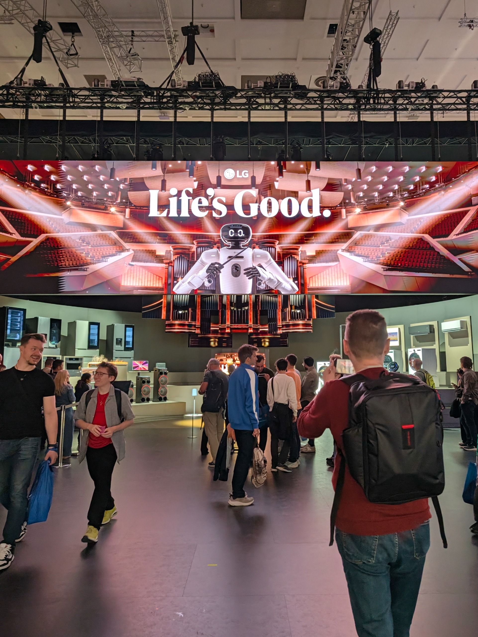 Busy LG exhibition stand at IFA beneath a huge illuminated &ldquo;Life&rsquo;s Good&rdquo; display.