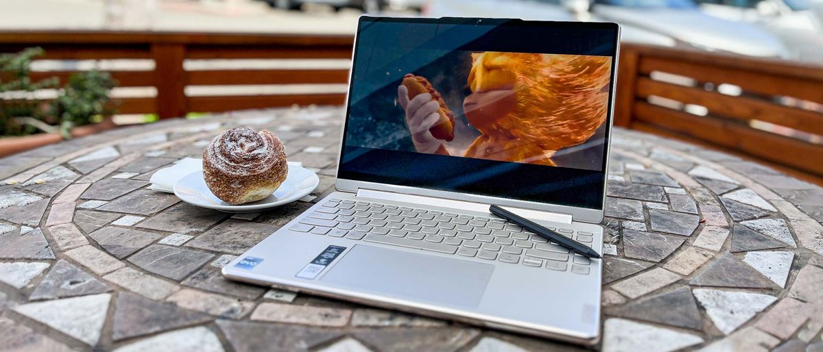 Lenovo Yoga 9i Gen 8 review unit on a table outdoors