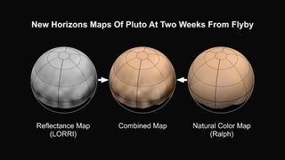 New Horizons' first maps of Pluto, created using data from the probe’s LORRI (left) and RALPH (right) instruments, show that the dwarf planet is reddish-brown.