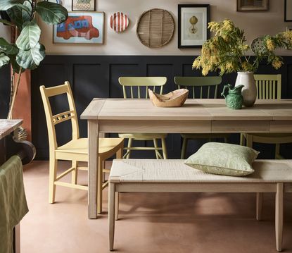 oak dining table and yellow dining chair