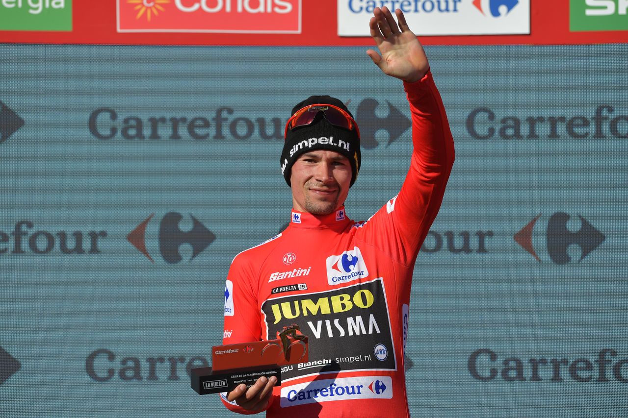 Primoz Roglic (Jumbo-Visma) in the red leader's jersey at the Vuelta a Espana