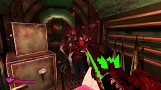 Firing green bullets at a monster in horror game Sorry We're Closed